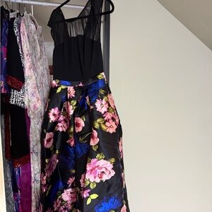 Black Floral Fit-and-Flare Dress with Pink and Blue Flowers